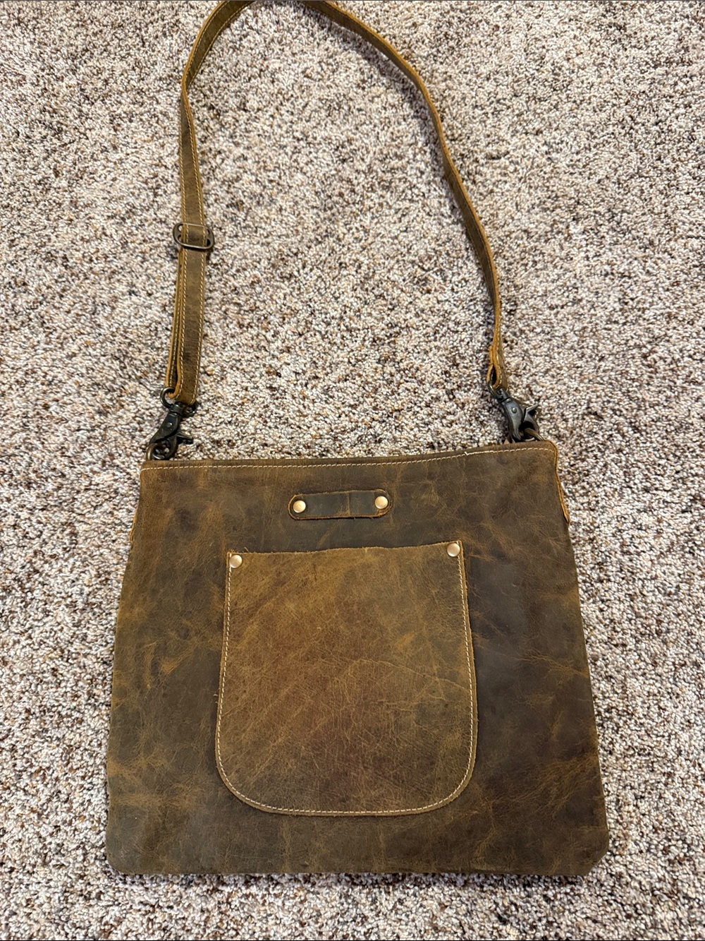 Myra Bag Distressed Brown Leather Shoulder Bag with Front Pocket
